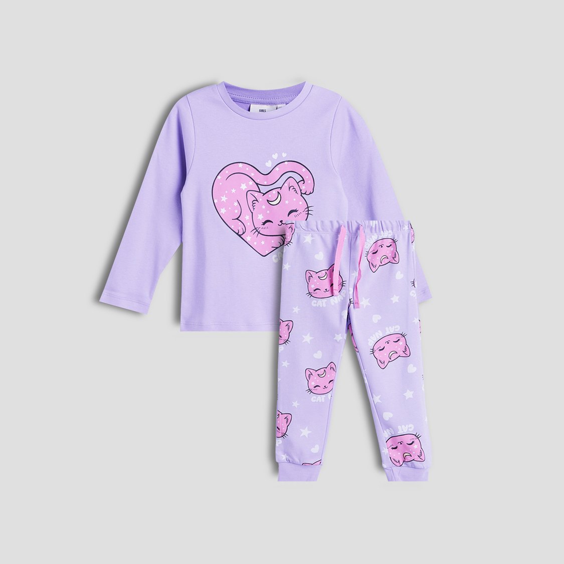 Juniors Cat Print T-shirt with Pyjamas Set