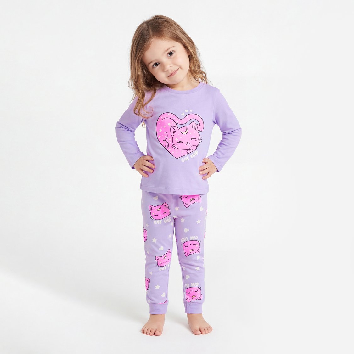 Juniors Cat Print T-shirt with Pyjamas Set