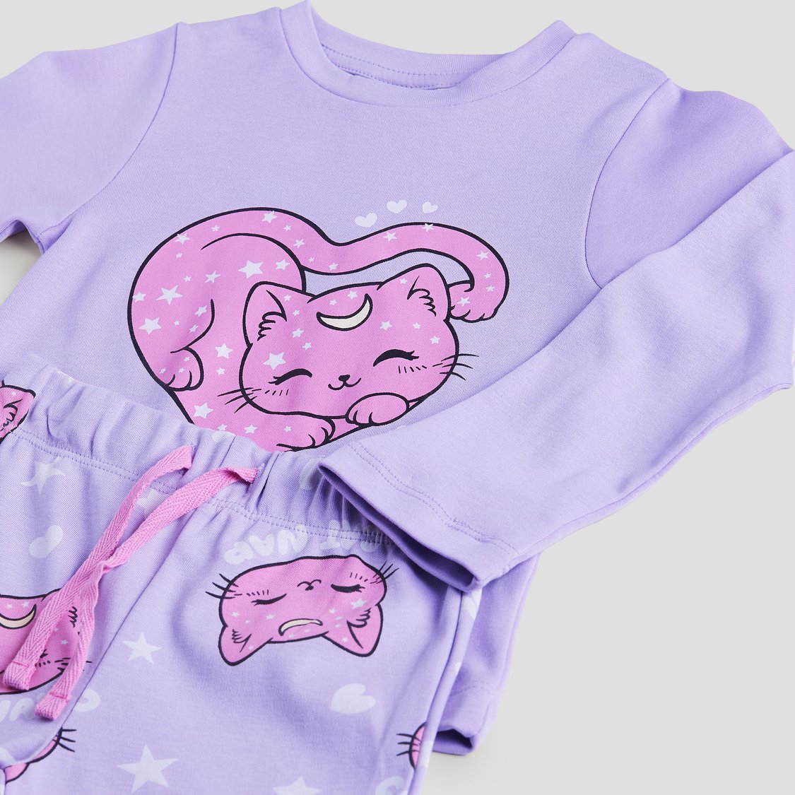 Juniors Cat Print T-shirt with Pyjamas Set