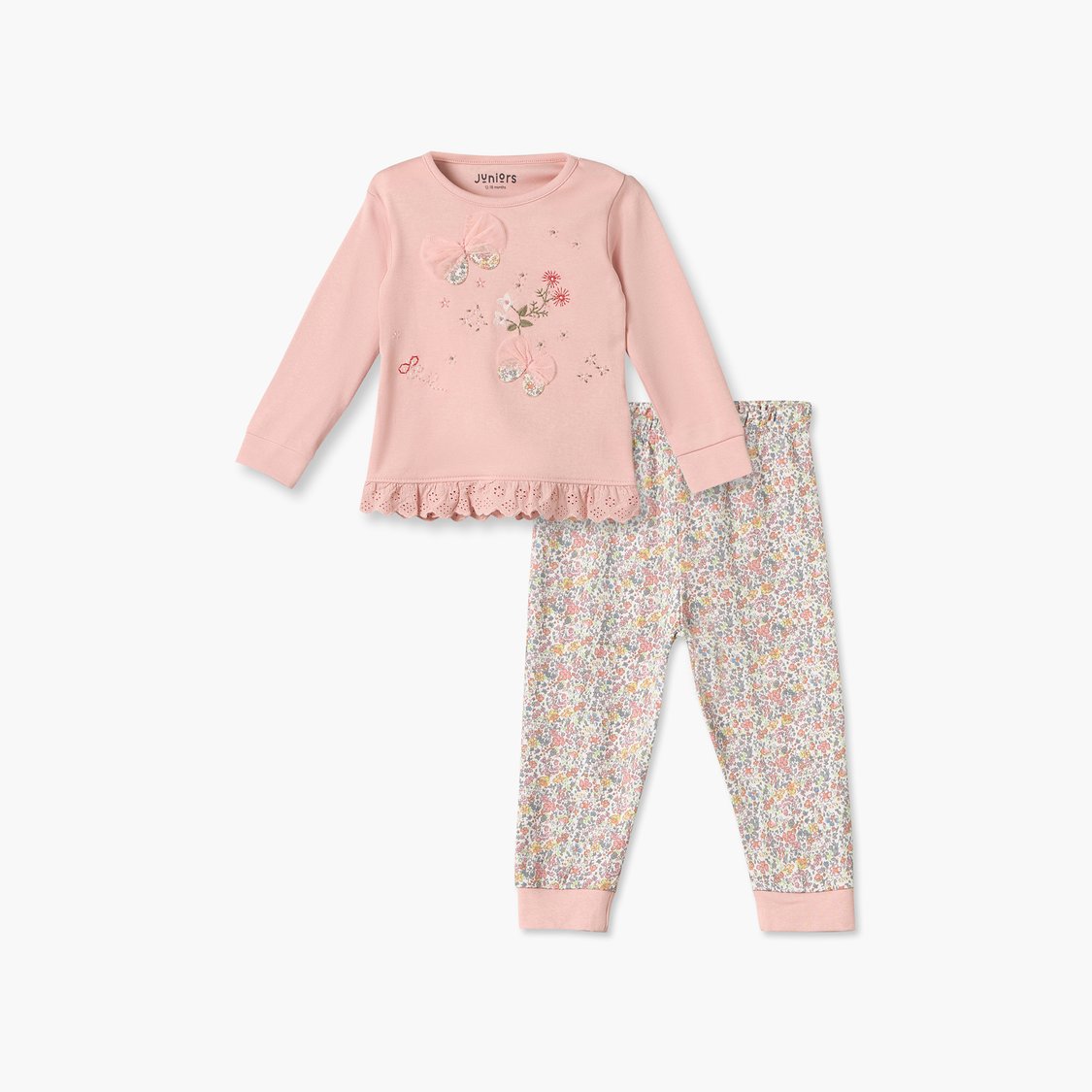 Juniors Floral Embroidery Top and Pyjama Set