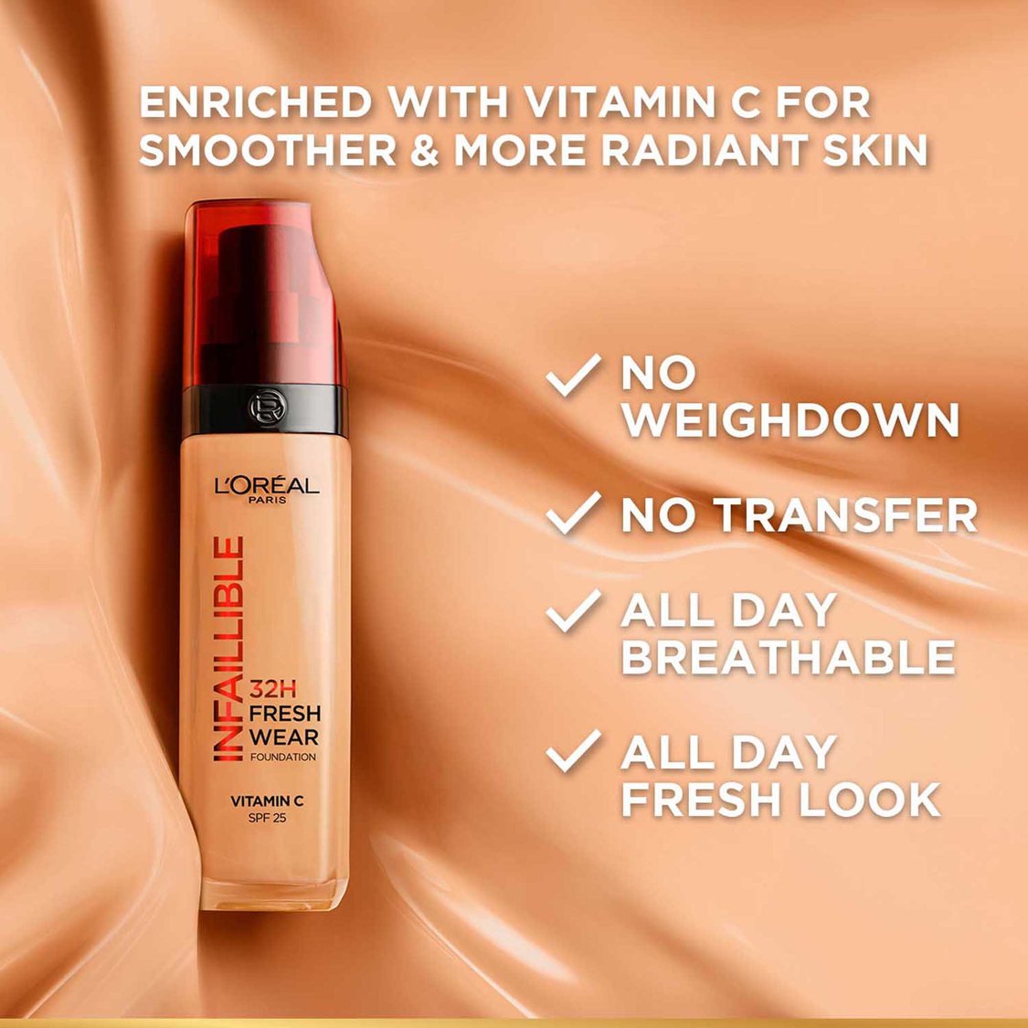 L'Oreal Paris Infallible 32H Fresh Wear Foundation - Natural Beige 125/Warm Undertone,30 ml