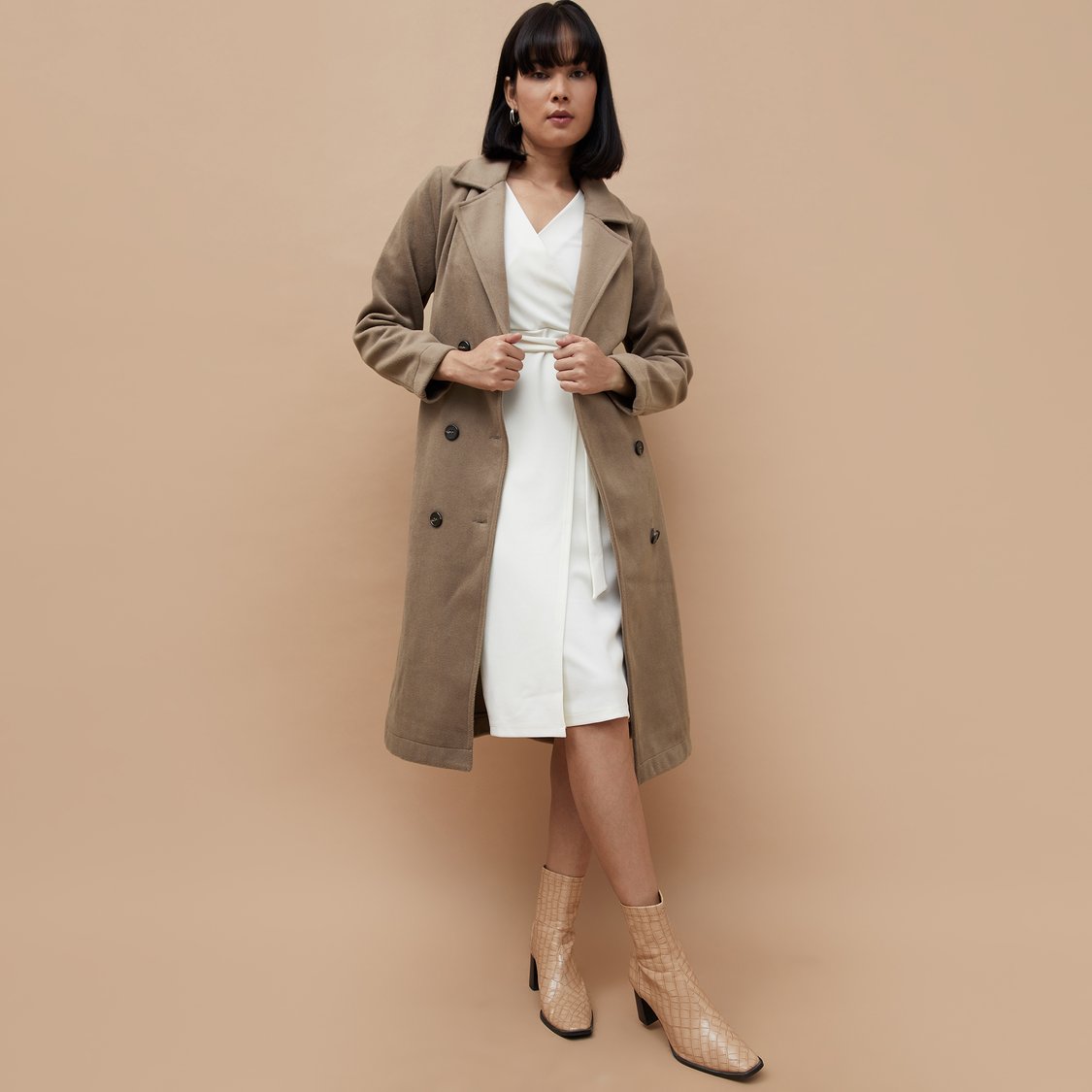 CODE Women Solid Longline Coat