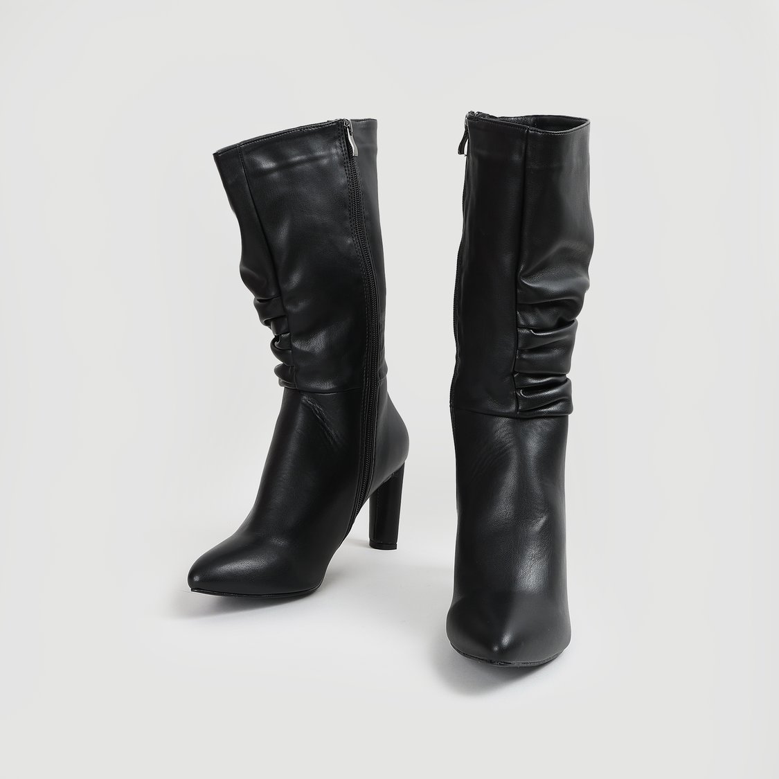 GINGER Ruched Block Heel Mid-Calf Boots