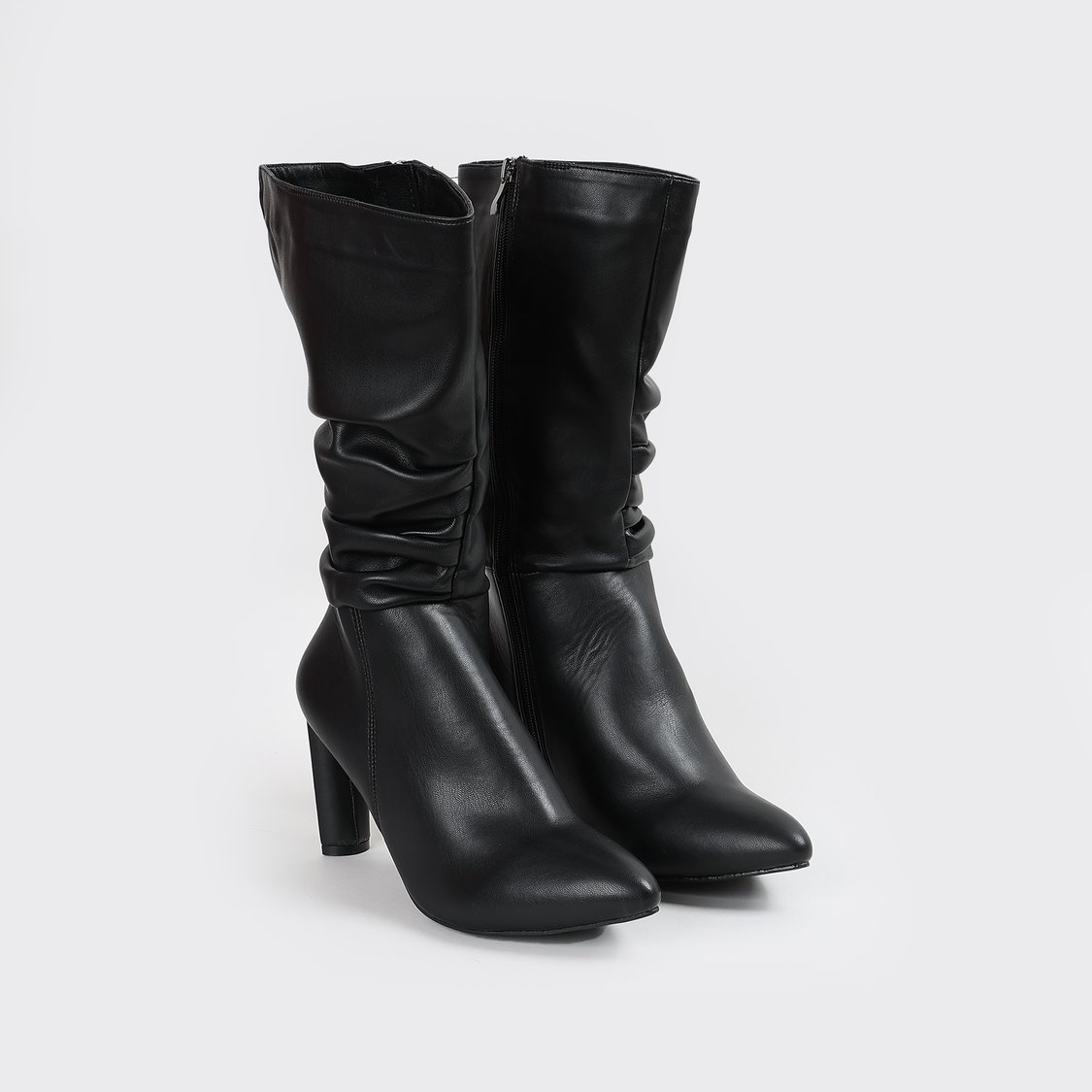 GINGER Ruched Block Heel Mid-Calf Boots
