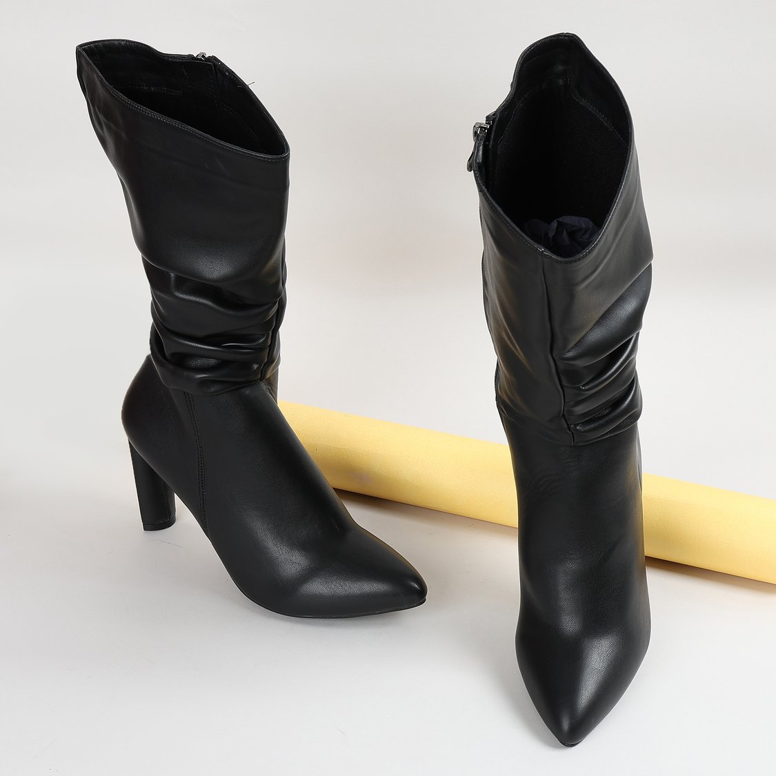 GINGER Ruched Block Heel Mid-Calf Boots