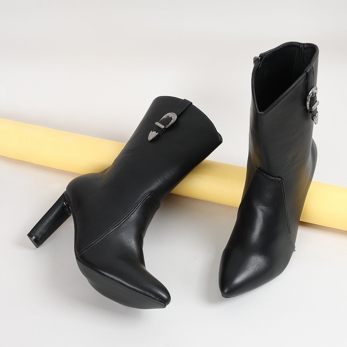 GINGER Block Heel Ankle Boots with Decorative Buckle