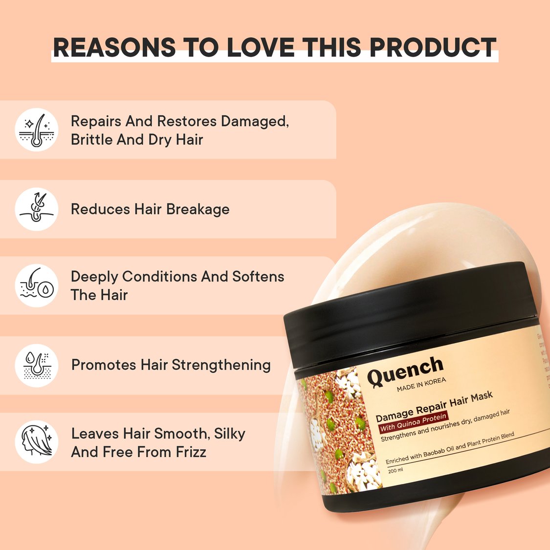 QUENCH Damage Repair Hair Mask With Quinoa Protein - 200ml