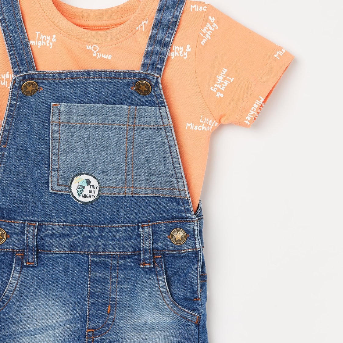 JUNIORS Stonewashed Dungarees with Printed T-shirt