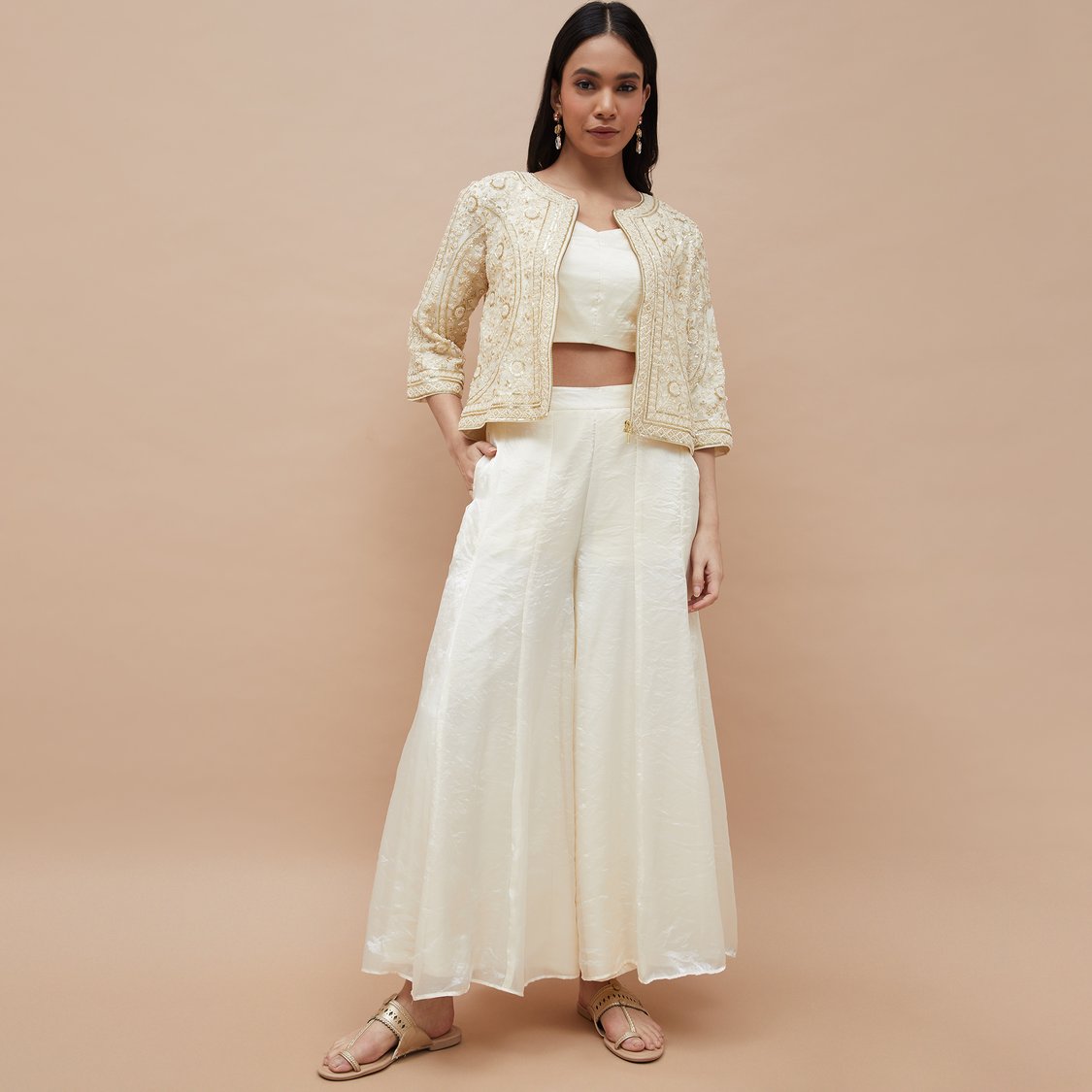 Beige Printed Hand Embroidered Co Ord Set
