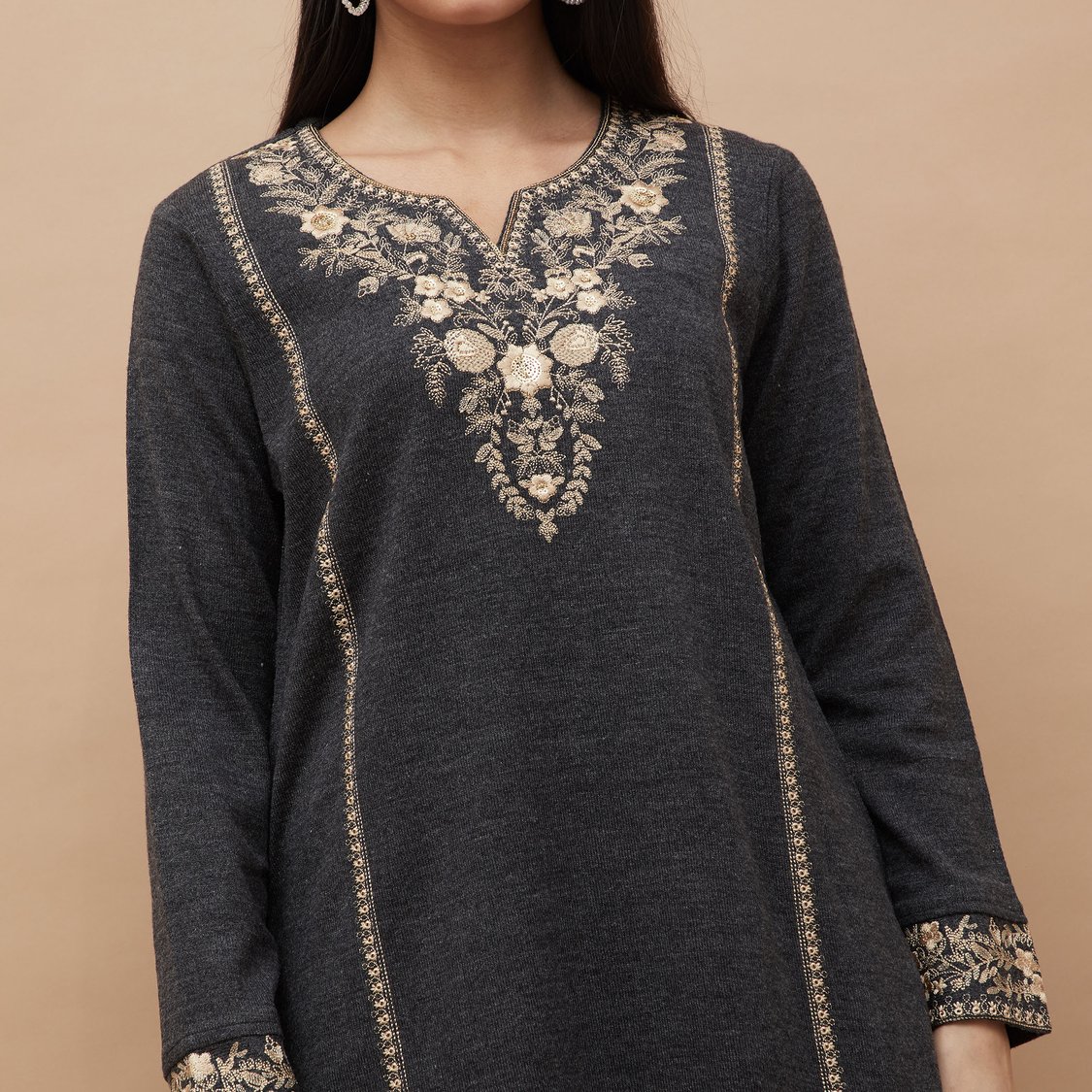 Black Embroidered Acrylic Straight Winter Kurta