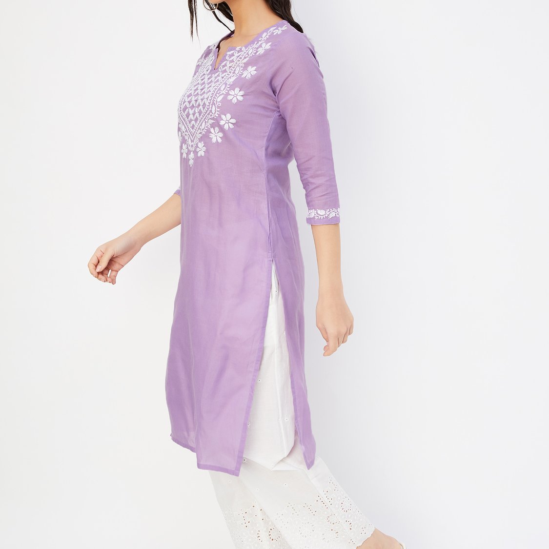 Women’s Cotton Chikankari Kurti – White Embroidered Straight Kurta with 3/4 Sleeves Ethnic Wear