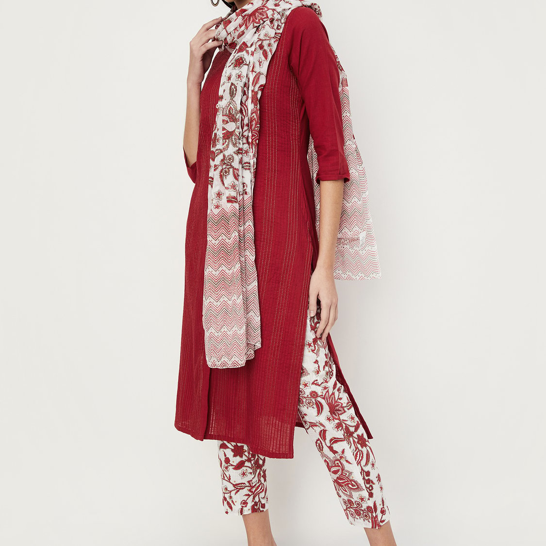 Red - Plain Running Stitch Cotton Pintuck Long Straight Kurta