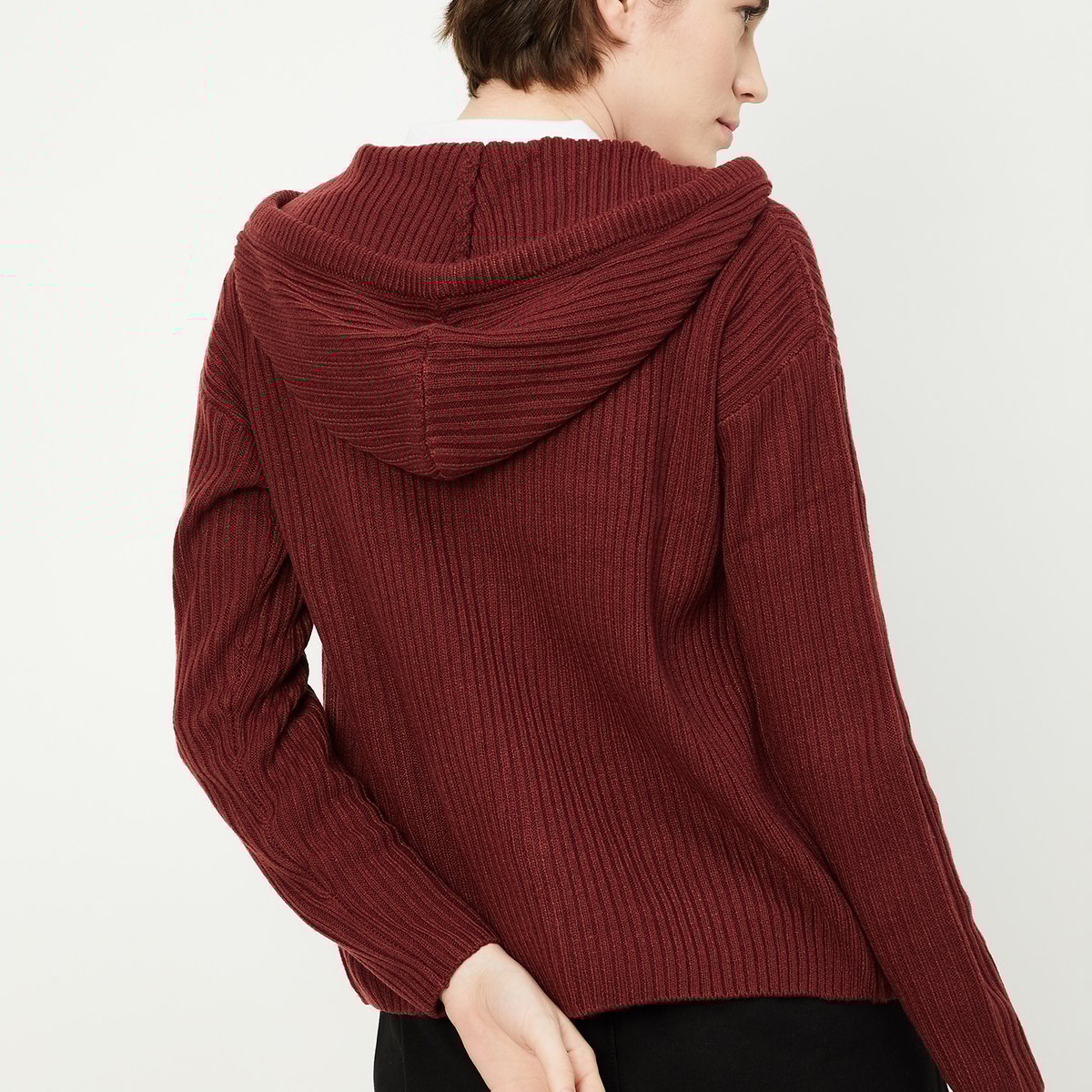 Buy Women Ribbed Hooded Sweater Online at just Rs. 1199.0