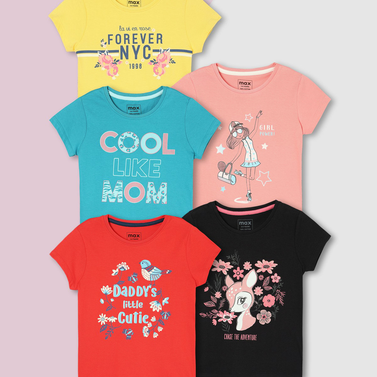 Buy Girls Graphic Printed T-shirt - Pack of 5 Online at just Rs. 899.0 -  1000014221764 | Max Fashion