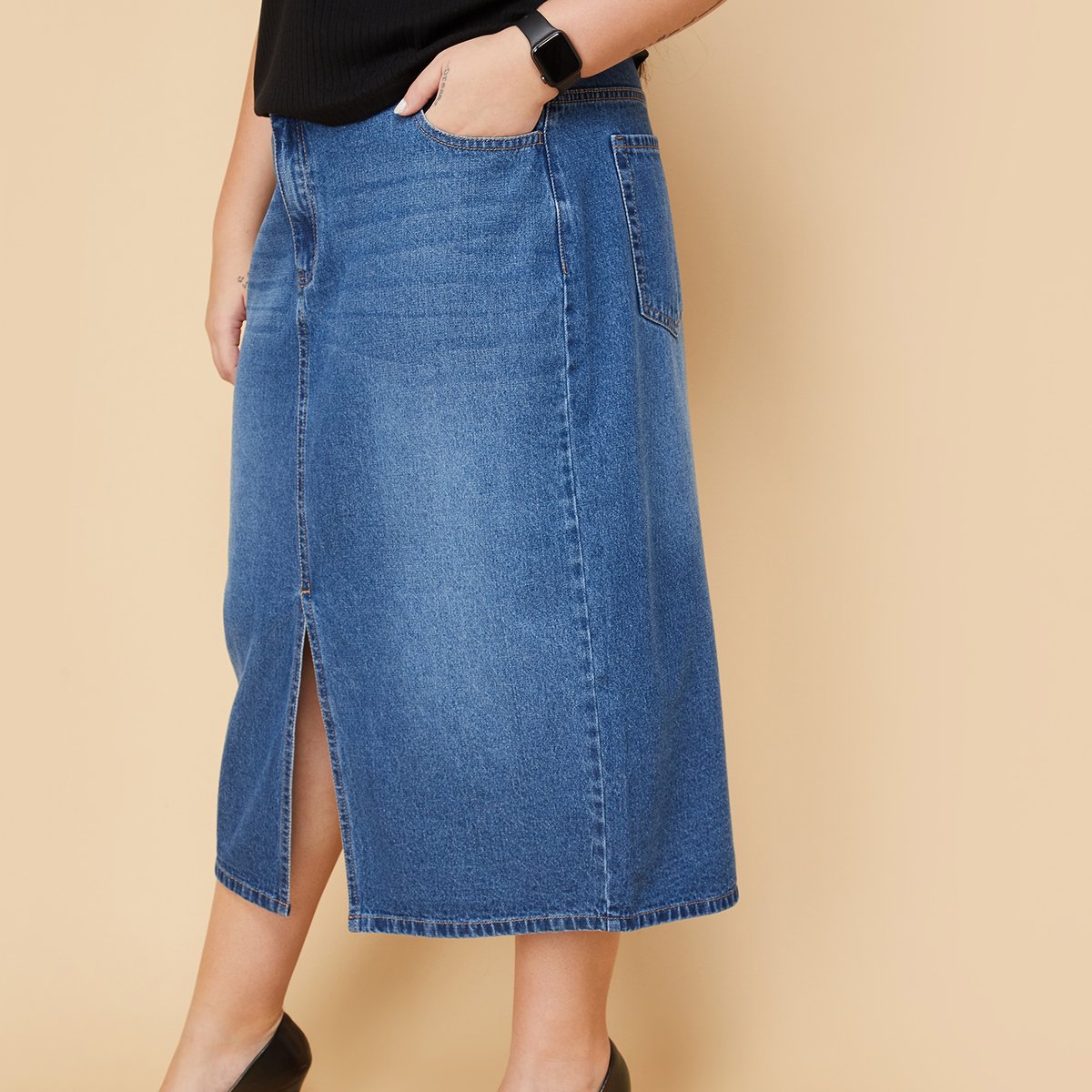 Buy ALAYA F x URB_N Whiskered Denim Midi Skirt Online at