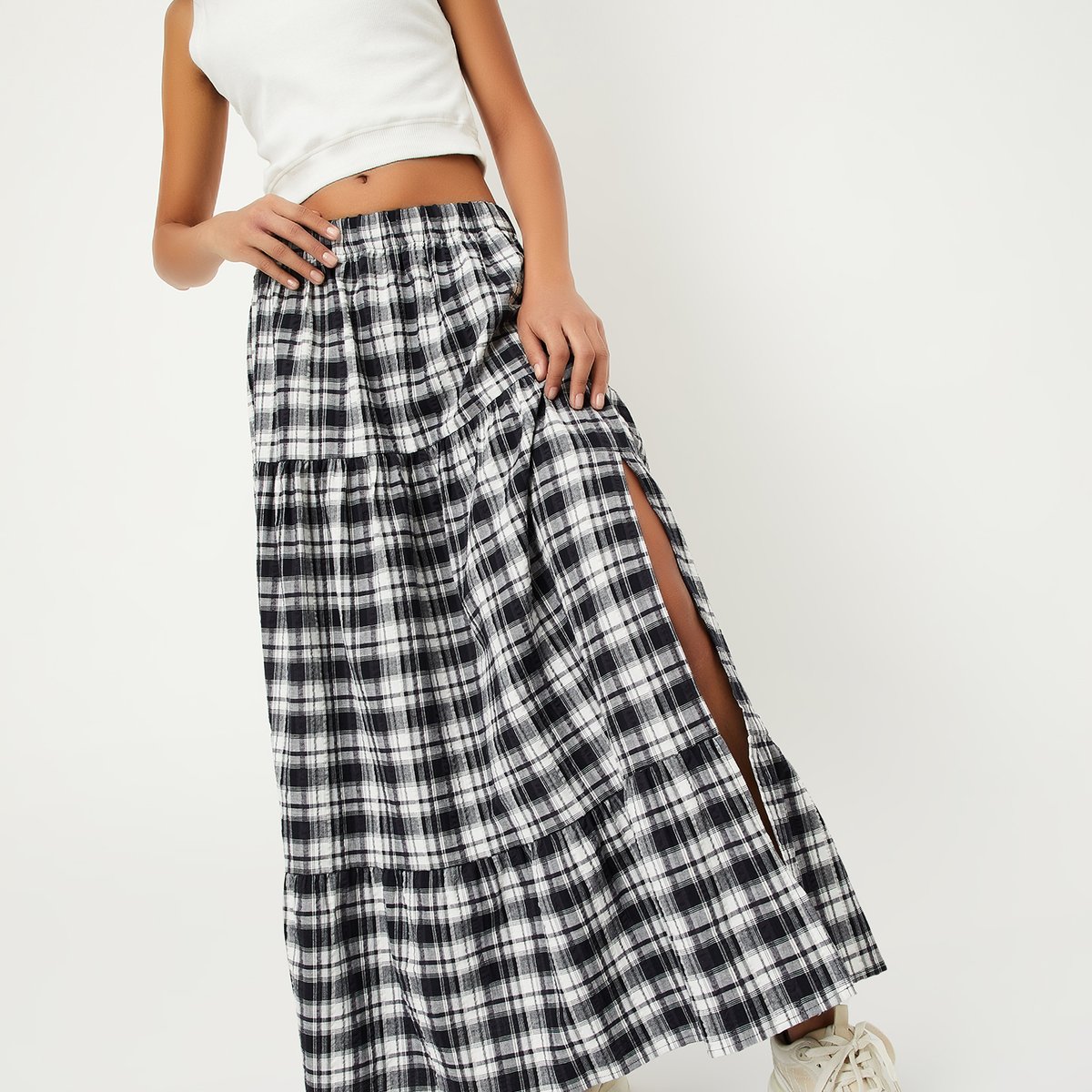 Buy ALAYA F x URB_N Women Checked Slit Tiered Skirt Online
