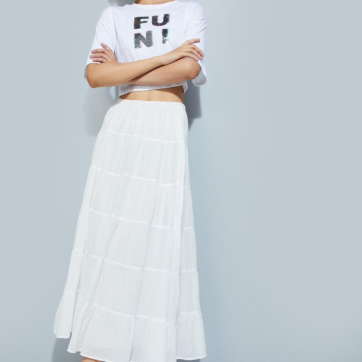 Buy ALAYA F x URB_N Women Solid Tiered Long Skirt Online at just