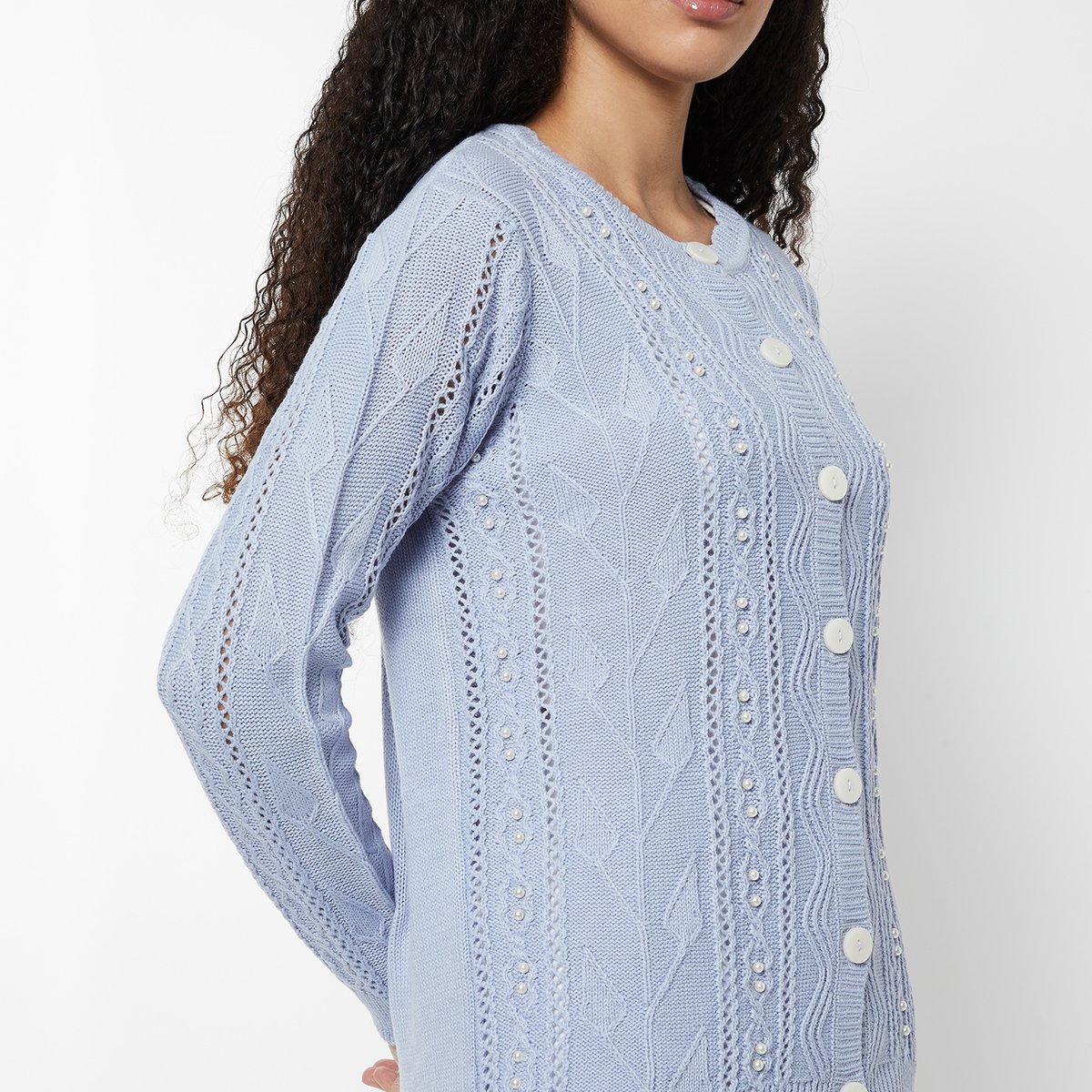 Buy Women Jacquard Pearl Embellished Cardigan Online at just Rs