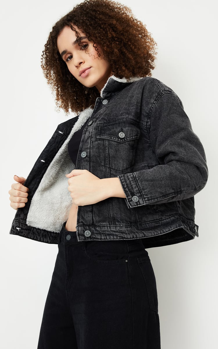 Buy Women Washed Denim Jacket with Sherpa Collar Online at just Rs