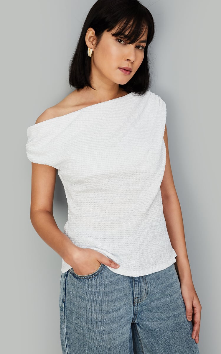 Buy Women Textured Off-Shoulder Knit Top Online at just Rs. 699.0