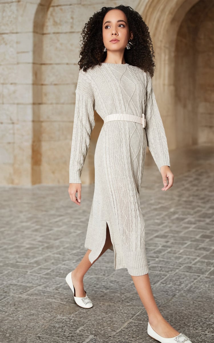 Buy Women Cable Knit Belted Midi Dress Online at just Rs. 2099.0