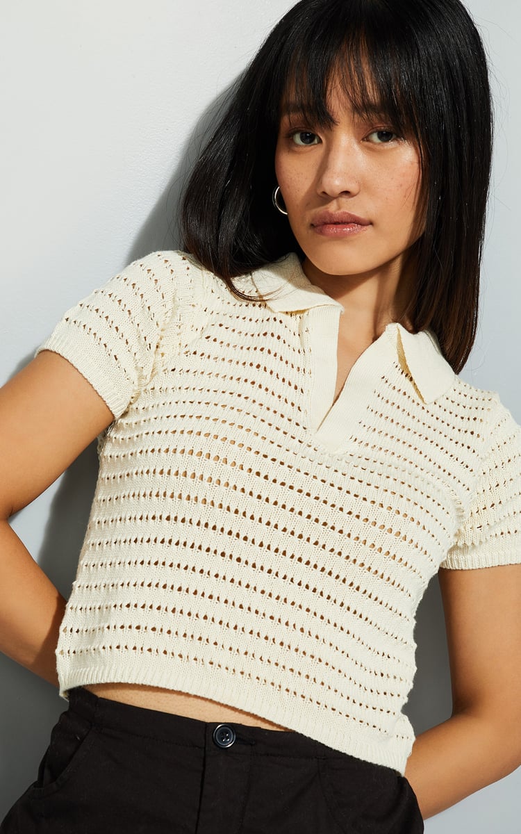Buy URB_N Open Knit Crop Polo T-shirt Online at just Rs. 699.0