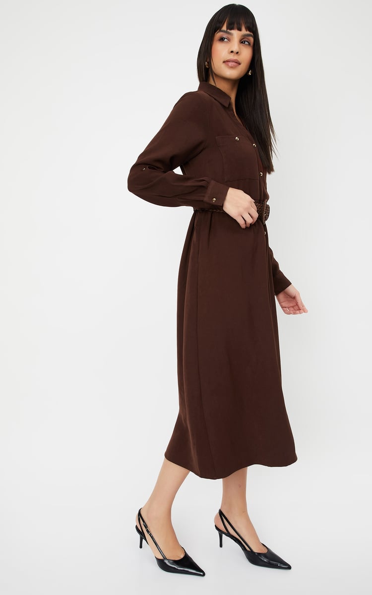 Wyshlist Collared Fit And Flare Dress Roman Long Sleeve Maxi Dress Brown,  XS, Petal Pup