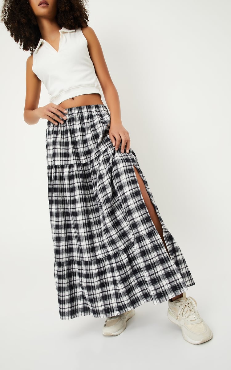 Buy ALAYA F x URB_N Women Checked Slit Tiered Skirt Online
