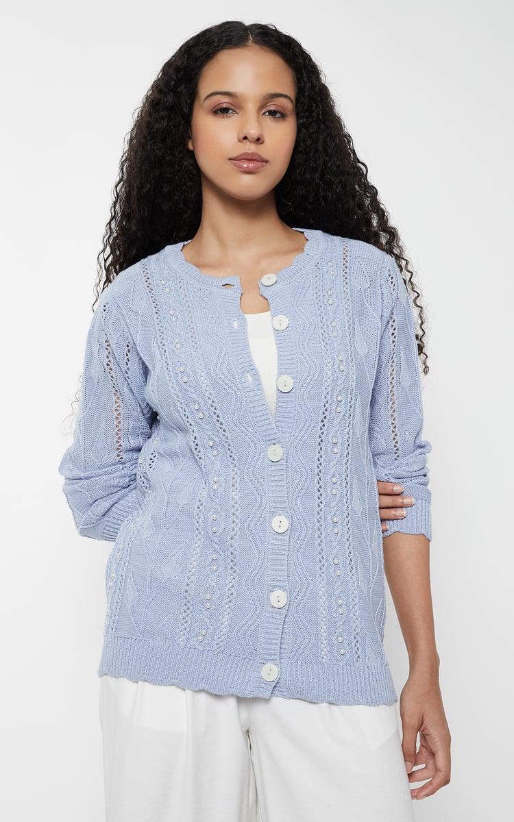 Buy Women Jacquard Pearl Embellished Cardigan Online at just Rs