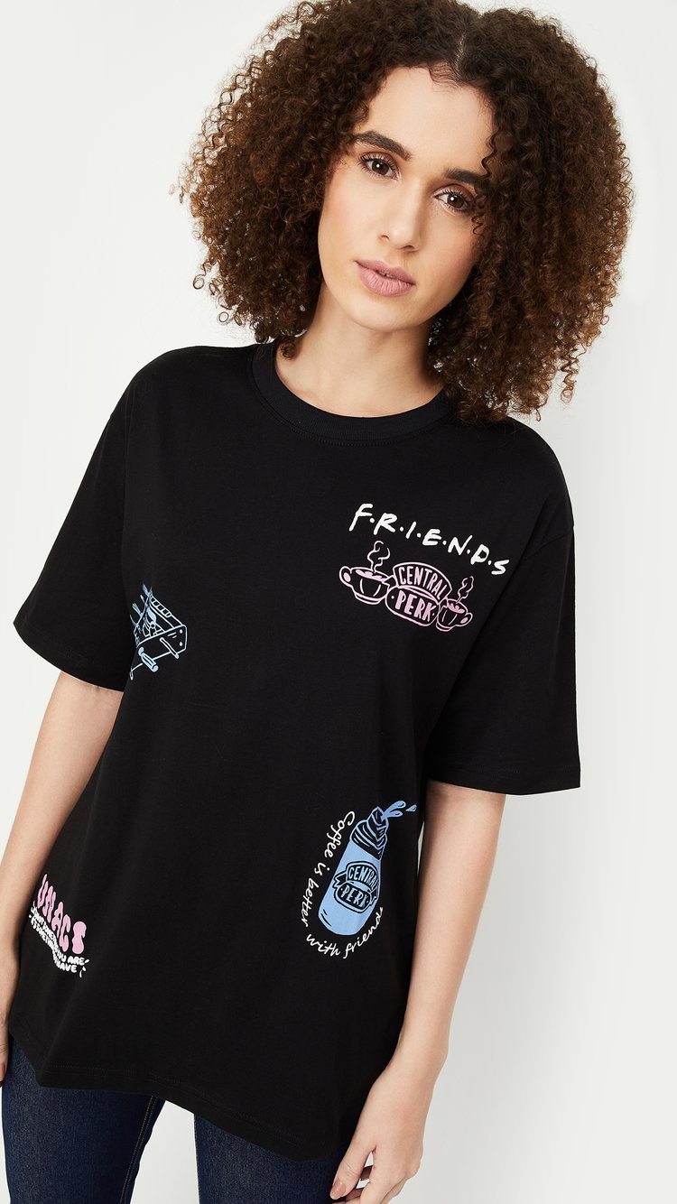✰over print✰【新品同様】✰patch shirts black Buy Women Friends Printed T-shirt Online at just Rs. 599.0