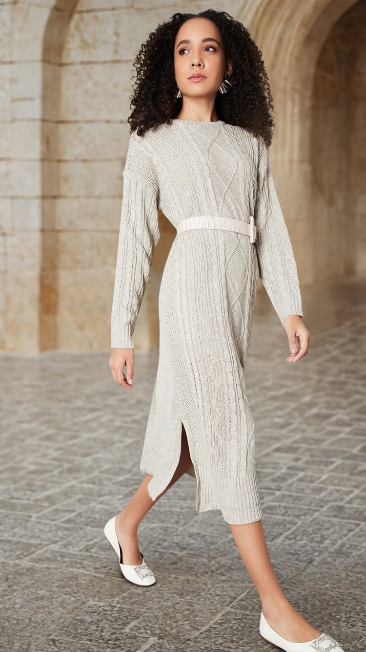 Buy Women Cable Knit Belted Midi Dress Online at just Rs. 2099.0