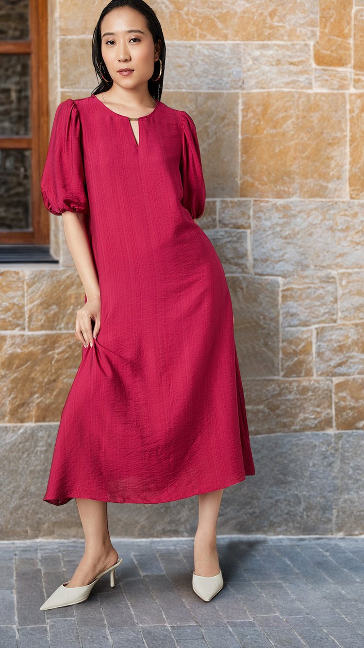 Fluffy sleeve pencil dress ボルドー　M Fluffy sleeve pencil dress ボルドー M