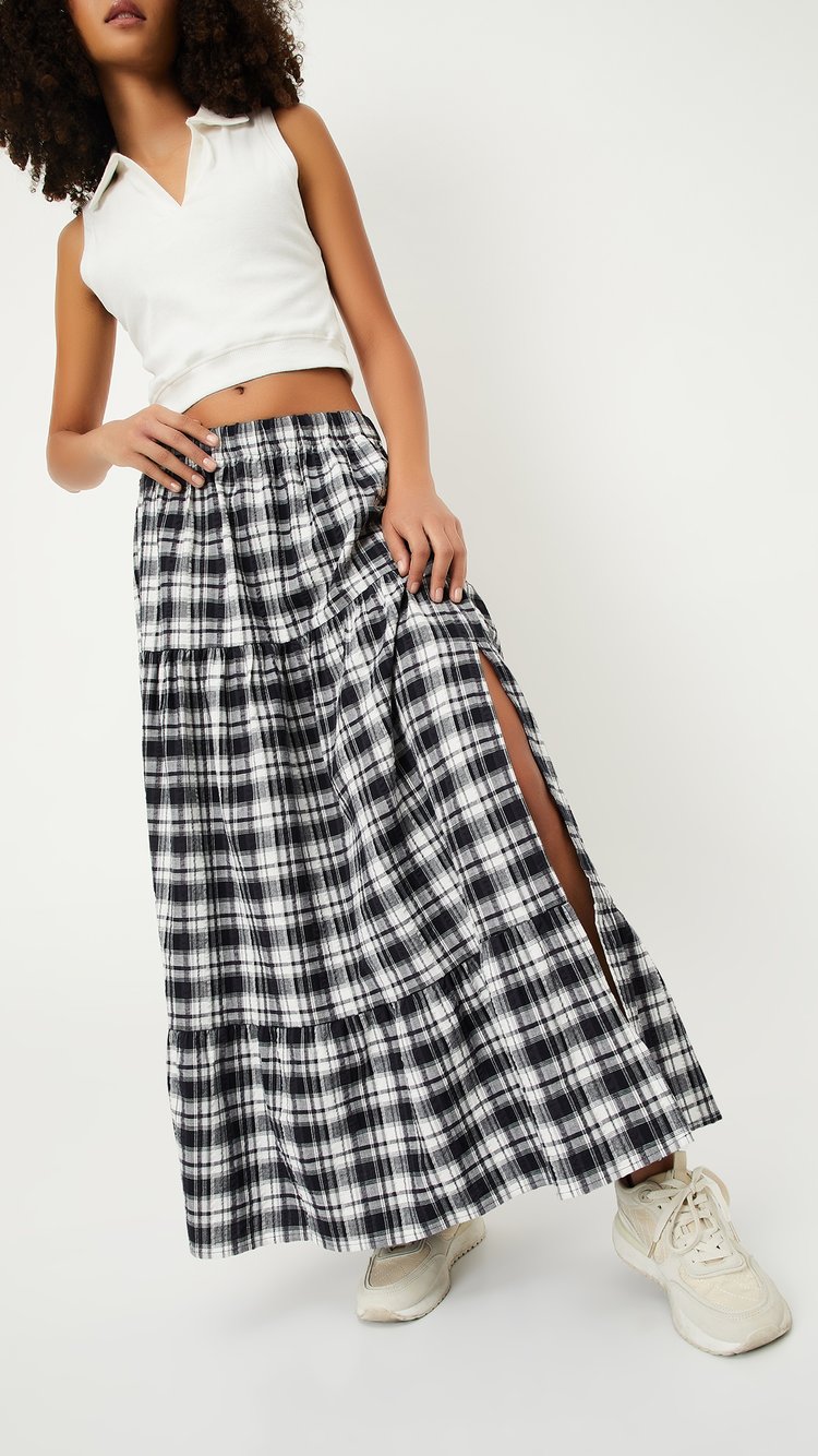 Buy ALAYA F x URB_N Women Checked Slit Tiered Skirt Online
