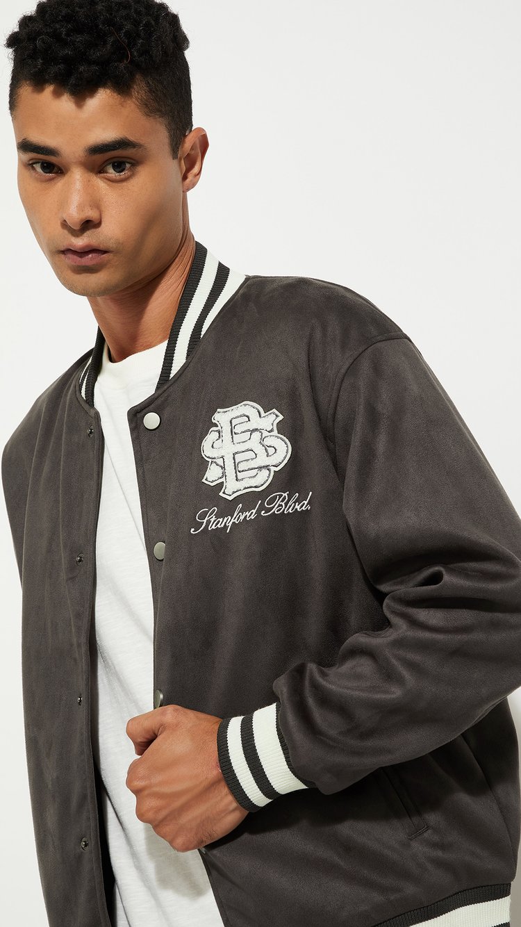 Buy URB_N Men Velour Varsity Jacket Online at just Rs. 2599.0