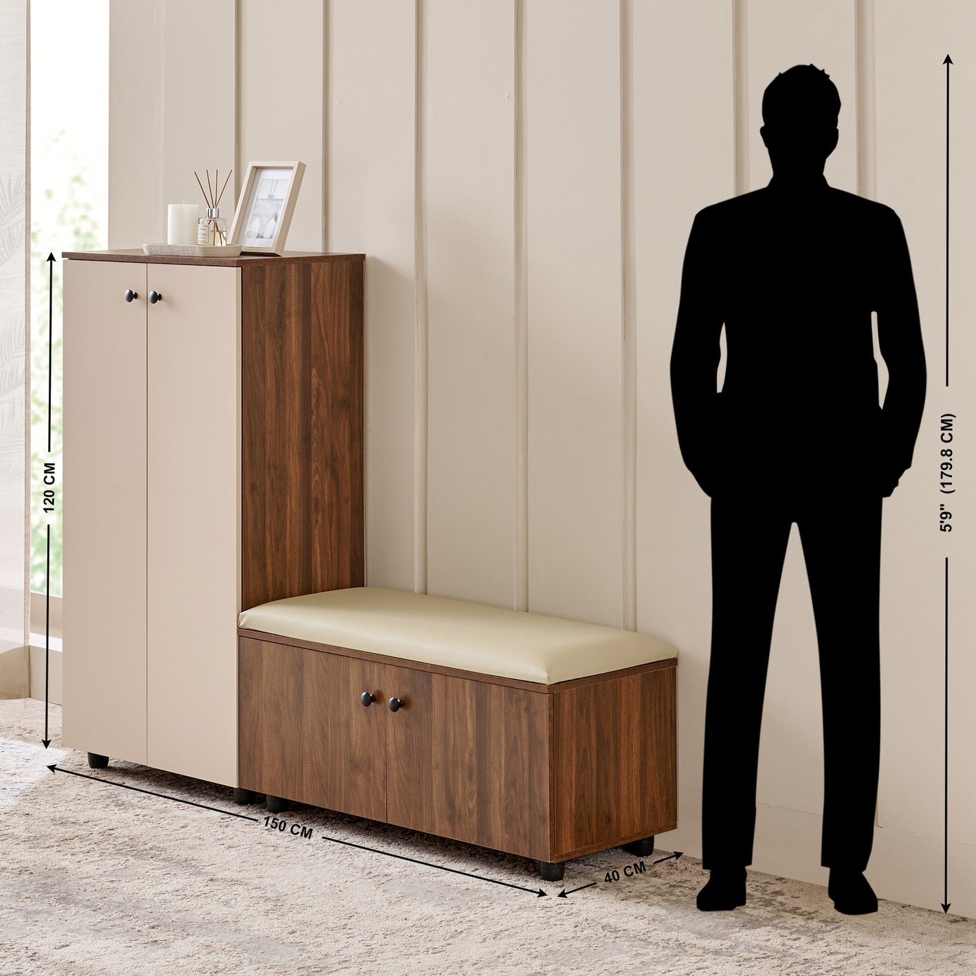 Addison 20 Pair Shoe Cabinet with Cushion Seat Walnut