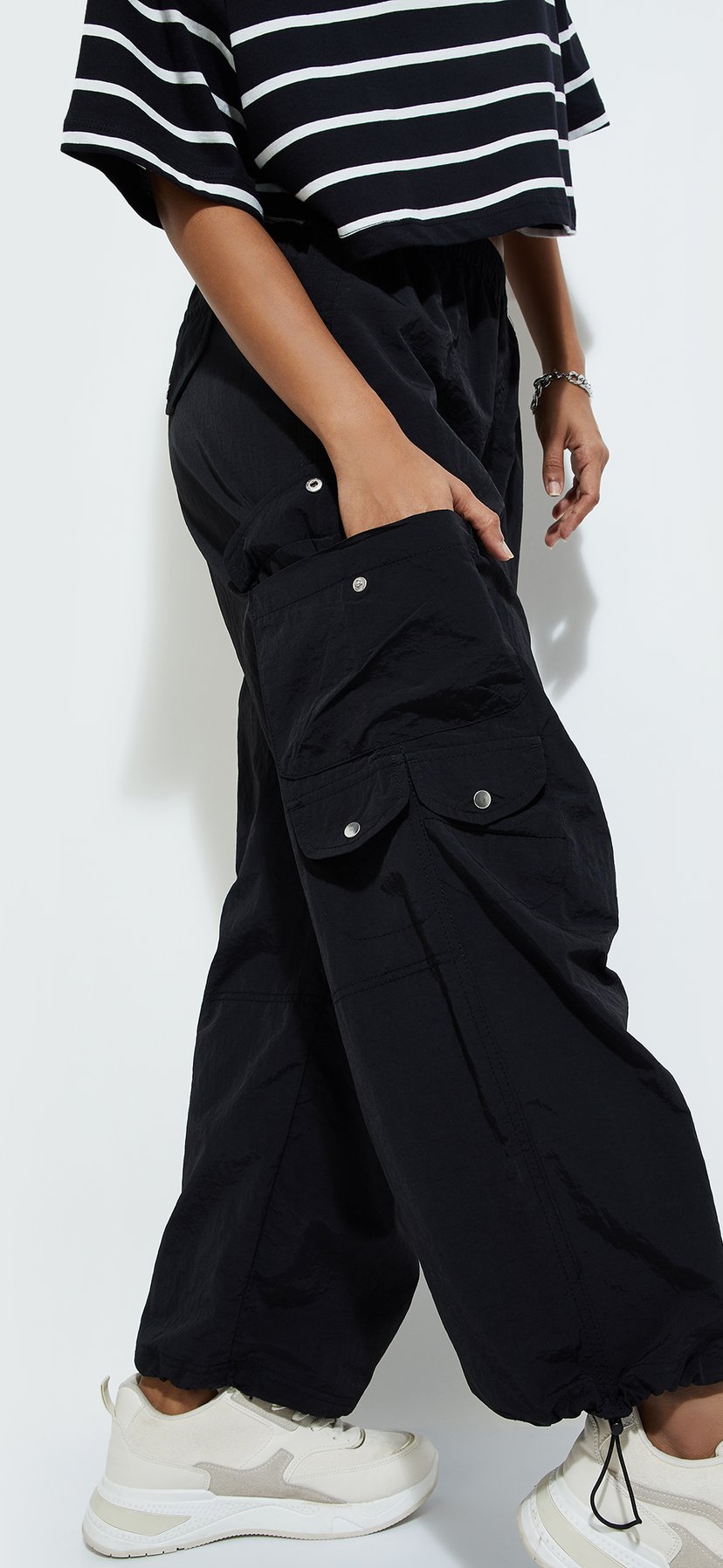 Buy URB_N Women Solid Cargo Parachute Pants Online at just Rs