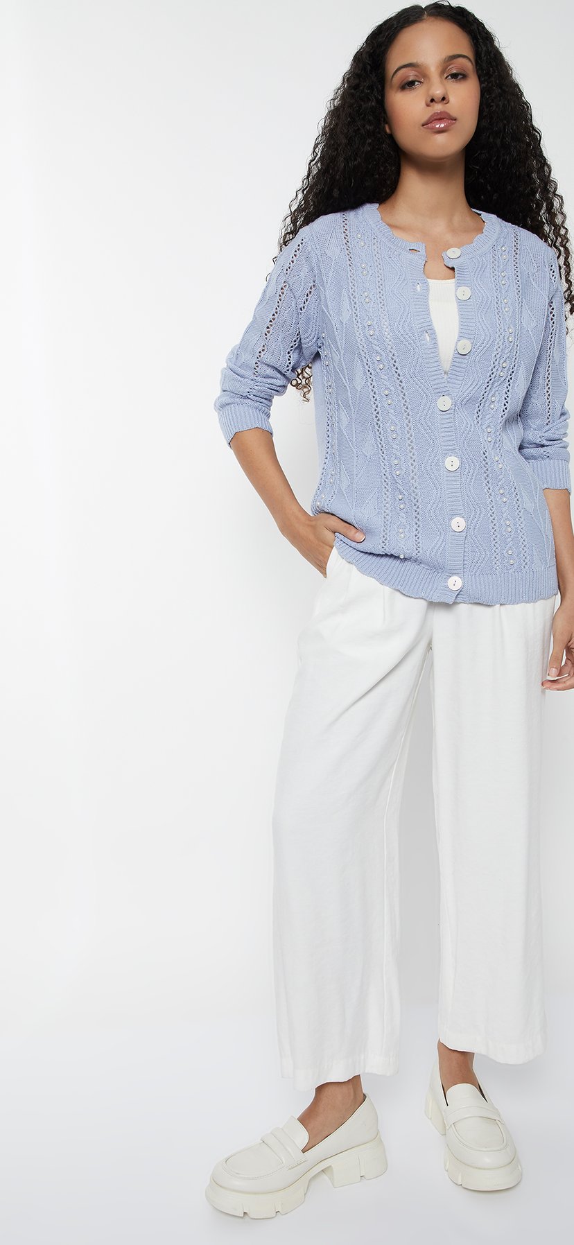 Buy Women Jacquard Pearl Embellished Cardigan Online at just Rs