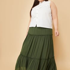 Women Textured Tiered Long Skirt | Green | Tiered