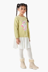 Juniors Unicorn Applique Sweater Dress with Polka Dot Tights