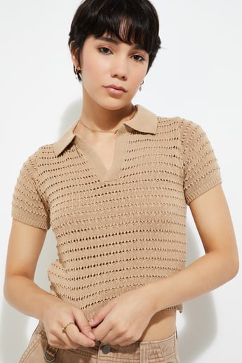 トップス second layer 23ss s/s open knit polo 1000014565230-Yellow-SAND-