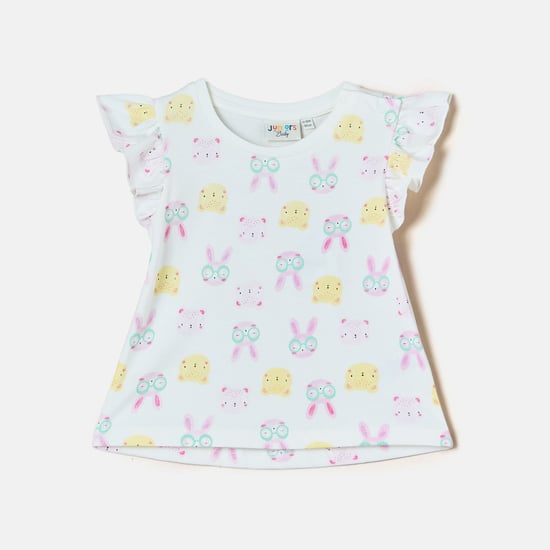 Juniors All-Over Print T-shirt with Ruffle Sleeves and Button Closure
