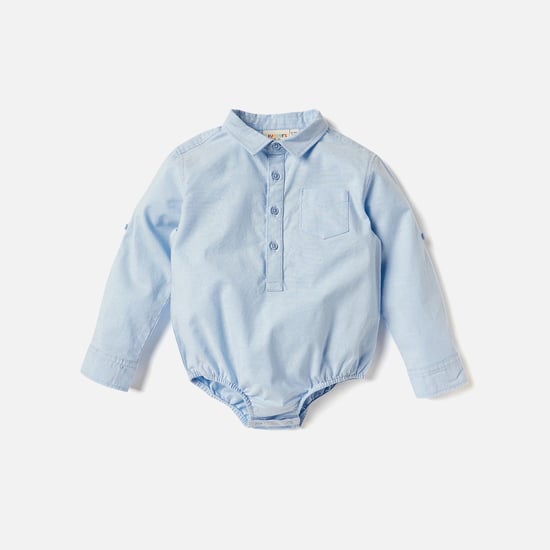 Juniors Solid Long Sleeves Shirt Style Bodysuit with Roll-Up Tab