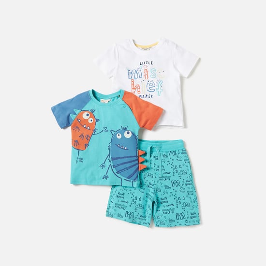 Juniors 3-Piece Monster Print T-shirts and Elasticated Shorts Set