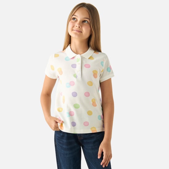 Juniors All-Over Polka Dot Print Polo T-shirt with Short Sleeves