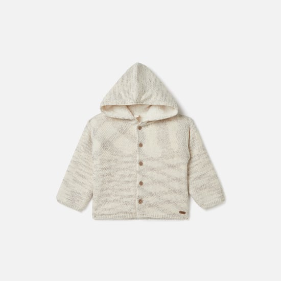 Giggles Textured Hooded Cardigan with Button Closure and Long Sleeves