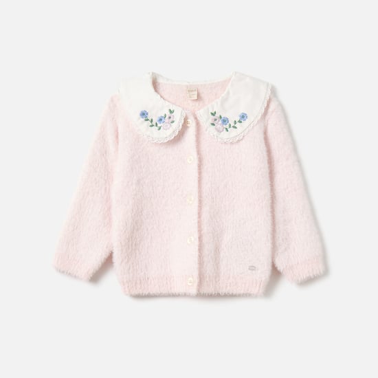 Giggles Embroidered Cardigan with Peter Pan Collar and Button Closure