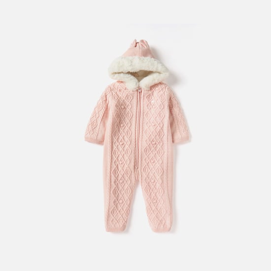 Giggles Textured Zip Through Romper with Hood and Long Sleeves