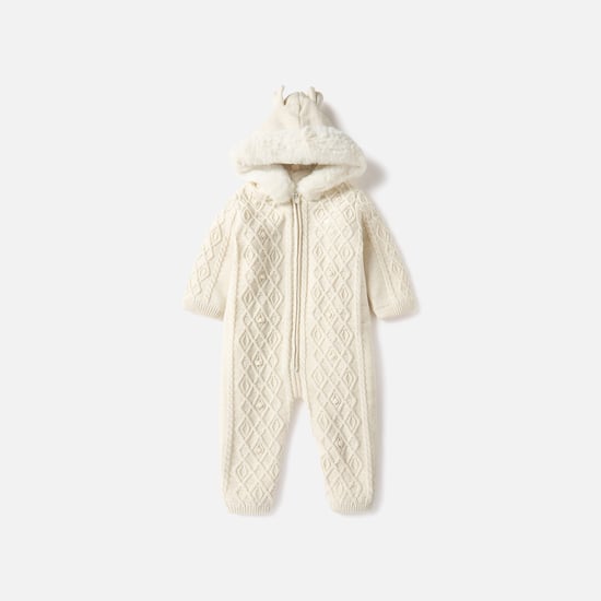 Giggles Textured Hooded Romper with Long Sleeves