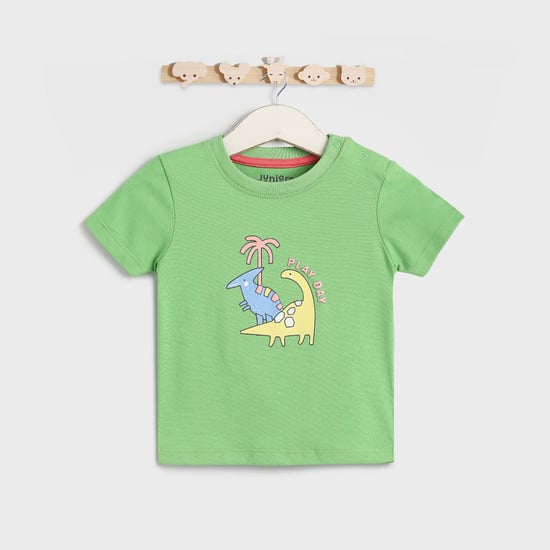 Juniors Graphic Print Crew Neck T-shirt with Button Closure