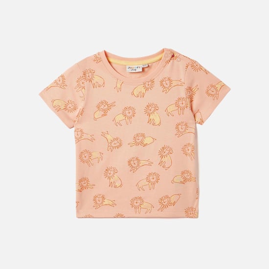 Juniors All-Over Lion Print Crew Neck T-shirt with Short Sleeves